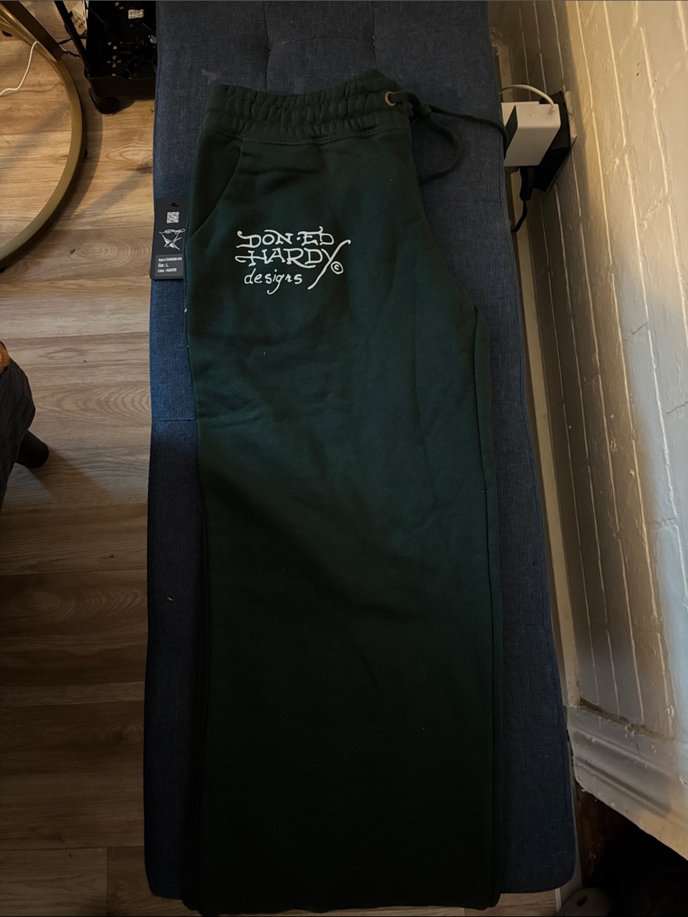 Ed Hardy Dark Green Straight Leg Pants with White Logo